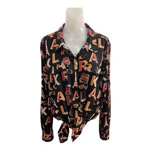 Karl Lagerfeld Paris Black Multicolor Eiffel Tower/Sunglass Print Blouse size XL